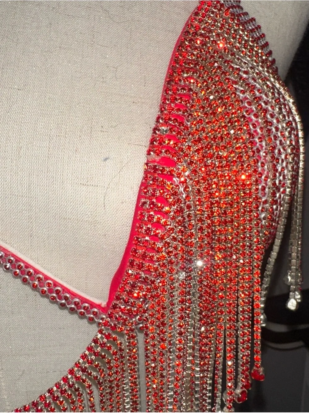 Red Fringe Crystal Chain Bra Top